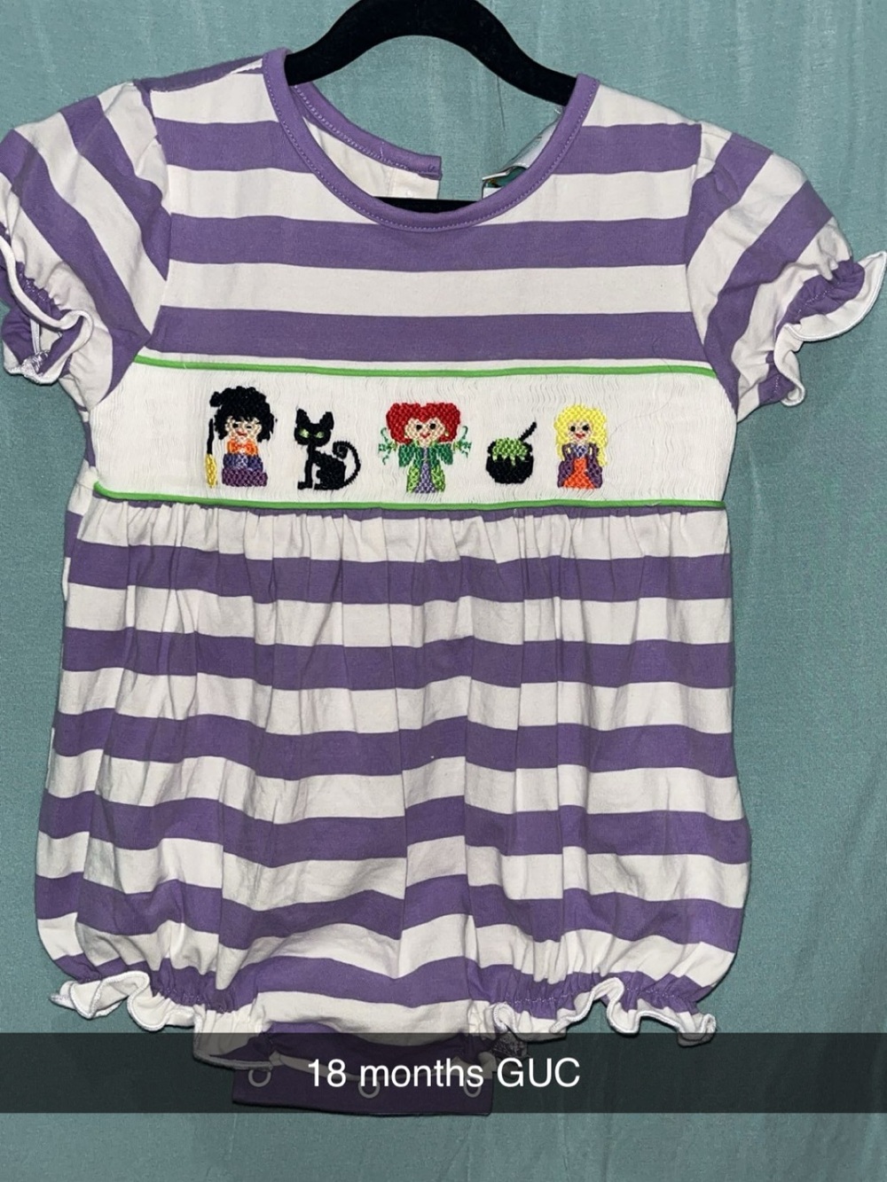 Purple and White Striped Smocked Bubble with Hocus Pocus themed Embroidery